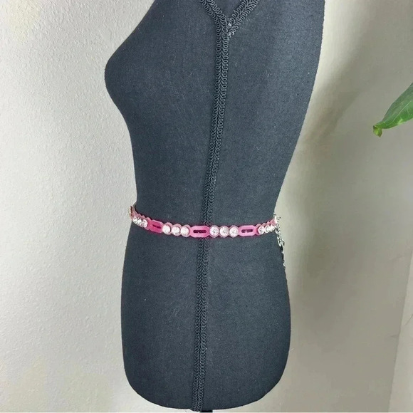 Teen Girl Rhinestone Belt Fuchsia Leather Chainlink Extension Silver Tone Belt - Picture 9 of 12